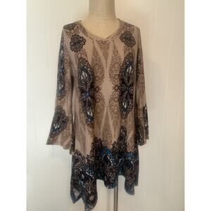 WinWin Flare Bottom Tunic Womens Large XL Beige Blue Boho Paisley Top Blouse